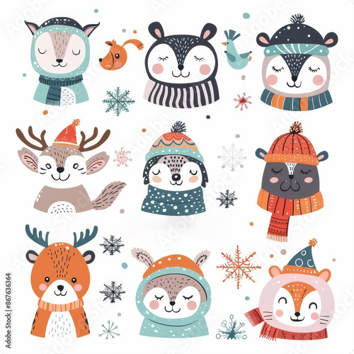 Cute animal Christmas set illustration. festive winter Christmas funny animal characters. Winter-themed featuring cute animal faces perfect for festive and holiday designs, gift wrapping