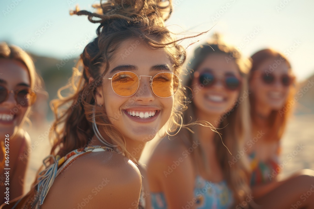 Joyful young women friends with sunglasses enjoying a sunny day at the beach, smiling and radiating happiness with seaside backdropBeach Joyful young women friends with sunglasses enjoying a sunny day at the beach, smiling and radiating happiness with seaside backdropBeach