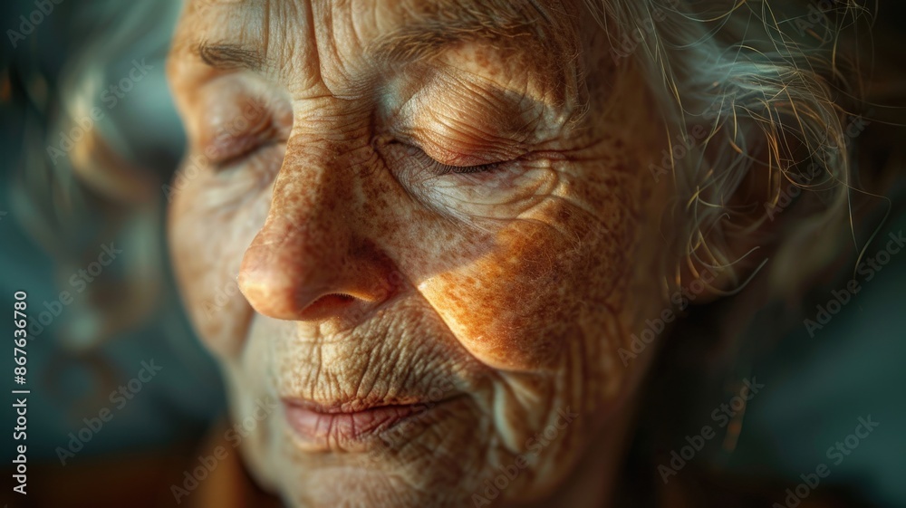 Close-Up Portrait of Peaceful Elderly Woman with Freckled Skin and Closed Eyes, Bathed in Gentle Warm Light Highlighting Wrinkles and Serenityelderly Close-Up Portrait of Peaceful Elderly Woman with Freckled Skin and Closed Eyes, Bathed in Gentle Warm Light Highlighting Wrinkles and Serenityelderly