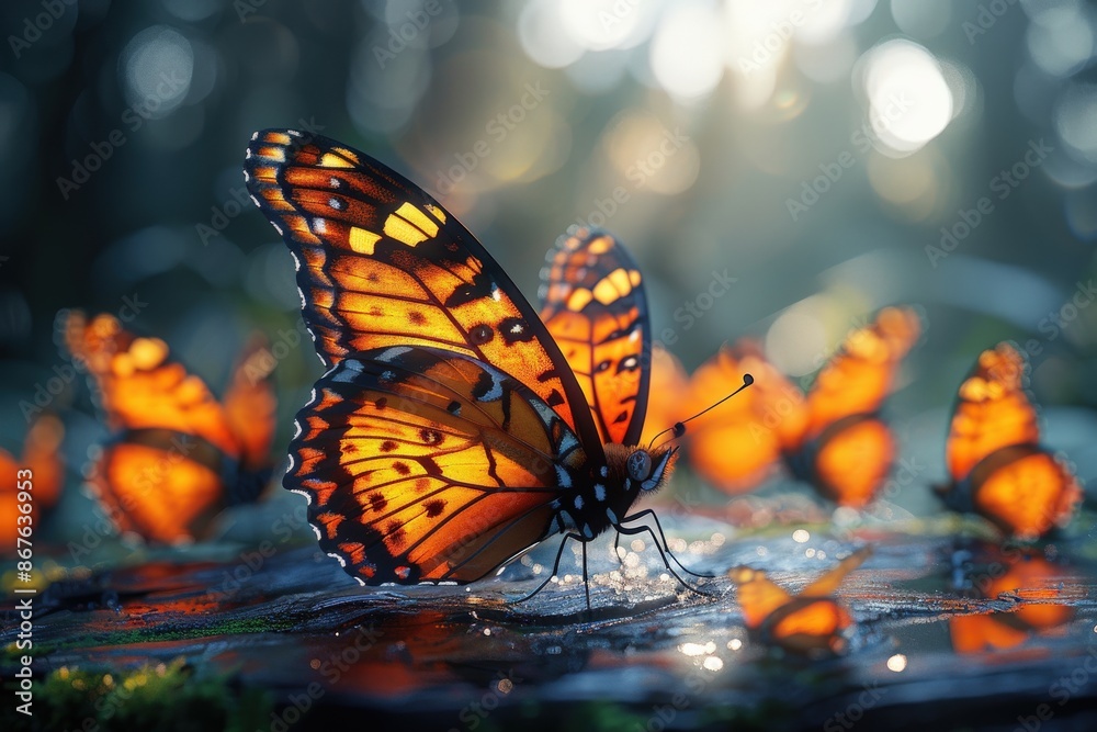 Vibrant Monarch Butterflies Gathering on a Sunlit Forest Floor with Beautiful Bokeh Background and Soft Glowing LightButterfly Vibrant Monarch Butterflies Gathering on a Sunlit Forest Floor with Beautiful Bokeh Background and Soft Glowing LightButterfly