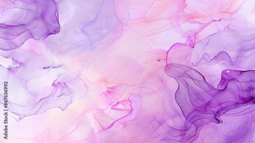 Fototapeta premium An abstract alcohol ink fluid art background in soft lavender and pastel pink, creating a dreamy and ethereal atmosphere.