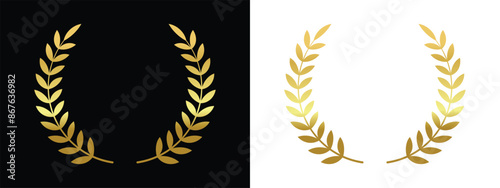 Golden laurel wreath. trophy, award, champion concept  badge, golden branch with leaves. vector illustration on black and transparent background.