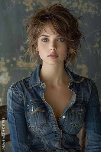 Portrait of a Young Woman with Stylish Short Messy Hair and Blue Eyes Wearing a Faded Denim Jacket Against an Artistic Weathered Backgroundfashion