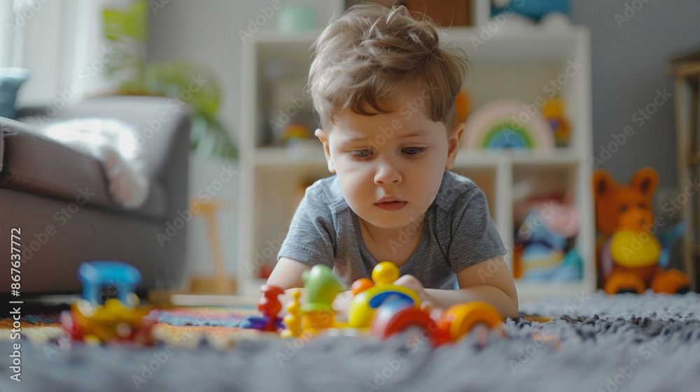 Cute little boy playing with toys on the carpet Cute little boy playing with toys on the carpet