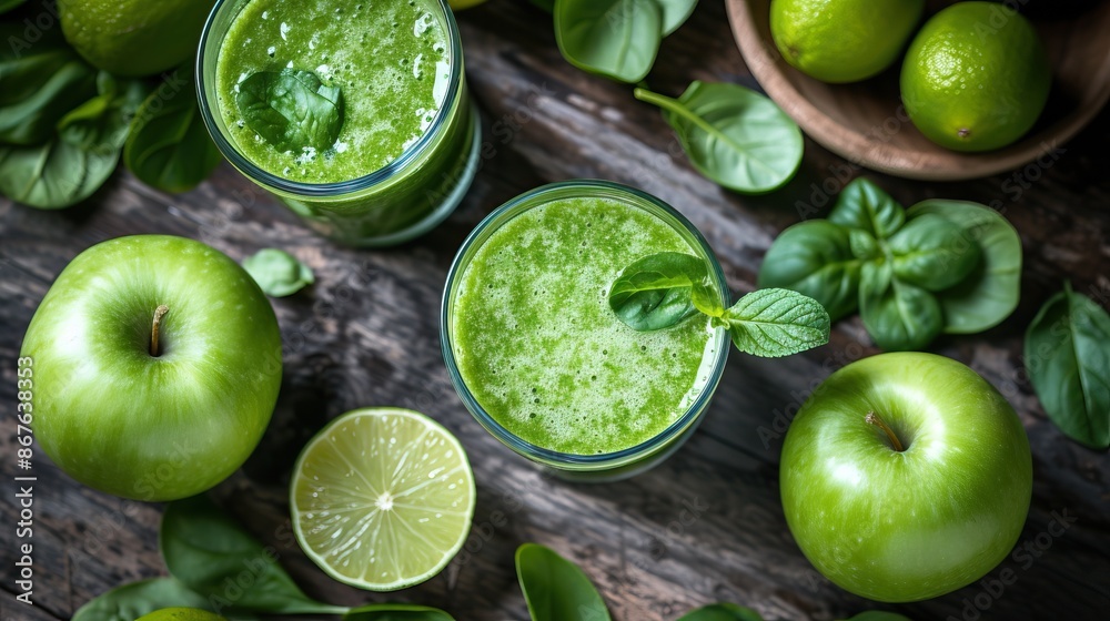 Fresh green smoothie with apples, lime, and spinach on a rustic wooden table, ideal for healthy and organic food concepts. Fresh green smoothie with apples, lime, and spinach on a rustic wooden table, ideal for healthy and organic food concepts.