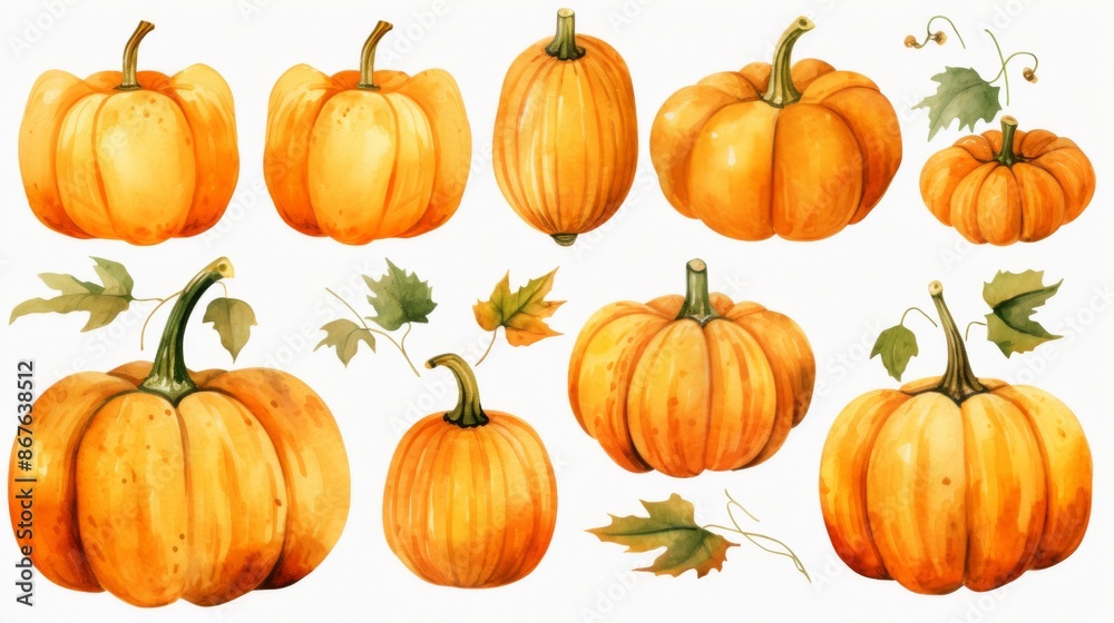 Various pumpkins are showcased with scattered autumn leaves, capturing the essence of the fall season with an emphasis on the vibrant colors and diverse shapes of the pumpkins. Various pumpkins are showcased with scattered autumn leaves, capturing the essence of the fall season with an emphasis on the vibrant colors and diverse shapes of the pumpkins.