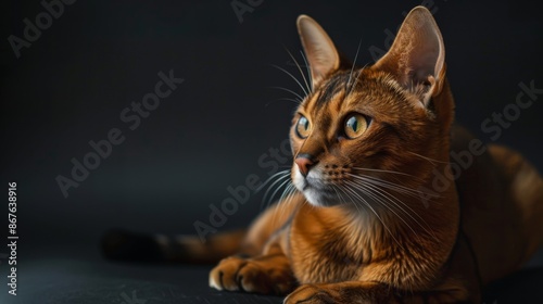 A majestic cat with a distinctive leopard-like appearance lounging comfortably, its sharp green eyes focused intently, creating a sense of calm determination. photo