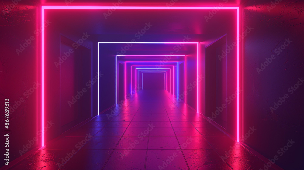 Empty geometric room with glowing neon lines and a stylish atmosphere Empty geometric room with glowing neon lines and a stylish atmosphere