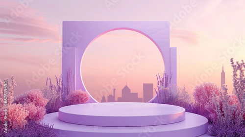 Empty product podium with lavender lilac arch, matte paint, whimsical, set against a twilight cityscape background