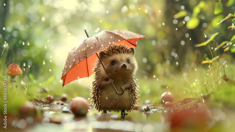A hedgehog holds an umbrella while walking in the rain. A hedgehog holds an umbrella while walking in the rain.