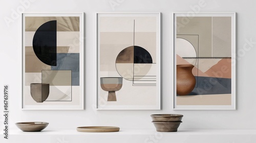 Three contemporary abstract art posters with minimalistic designs, arranged horizontally on a white wall. The designs feature basic geometric shapes in a neutral color scheme, creating a cohesive,