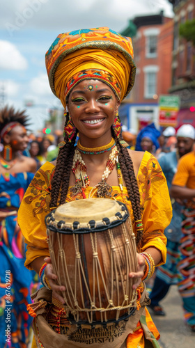 Vibrant African Culture Celebration: Woman in Traditional Attire Plays Drum During City Parade