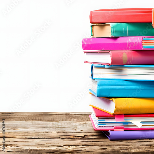 pile of colorful textbooks on wooden desk isolated on white background, text area, png photo