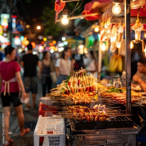 Thai food cart, bustling crowd, skewers on grill, vibrant night market, exotic street food, colorful lights, lively scene, traditional Thai flavors. copy space for text,