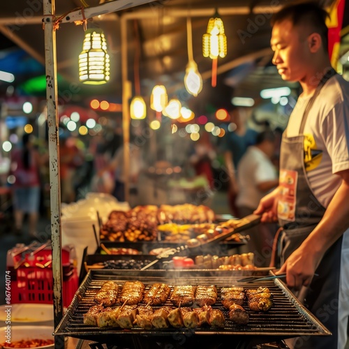 Thai street food vendor, sizzling grill, vibrant night market scene, colorful lights, bustling crowd, exotic aromas, traditional attire, food stall decorations