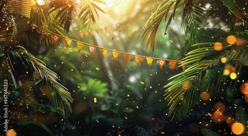 Fototapeta Naklejka Na Ścianę i Meble -  Festive String of Flags and Confetti Falling Through Palm Trees at Sunset