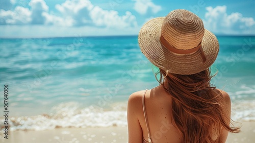 Woman in straw hat enjoying a view of the ocean on a sunny day, relaxing on a sandy beach under clear blue skies. © GenBy