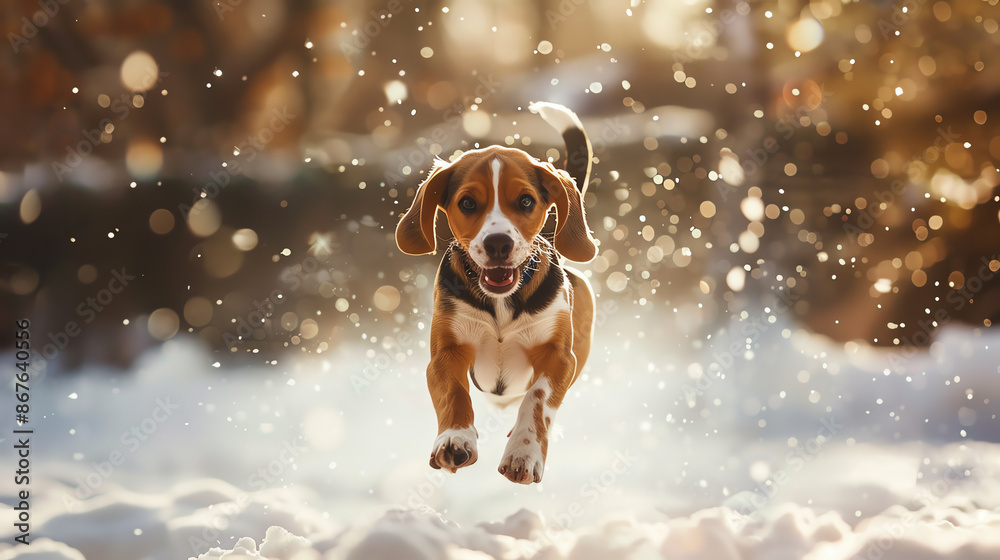 Beagle jumping in snow, ears flapping, family laughing and playing, happy and relaxing mood, ultra-resolution realism, detailed background, bright and colorful Beagle jumping in snow, ears flapping, family laughing and playing, happy and relaxing mood, ultra-resolution realism, detailed background, bright and colorful