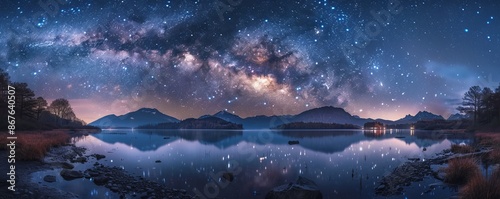 A starlit sky reflected in a still lake, the Milky Way stretching across the heavens, creating a sense of awe and wonder.