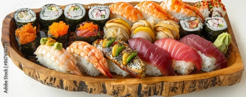 A delicate sushi platter with a variety of colorful rolls, each piece artfully crafted and bursting with flavor.