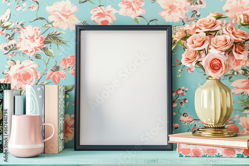 frame with flowers, Floral Wall with Empty Frame Mockup, Blue and Pink interior frame template, black vertical frame photo