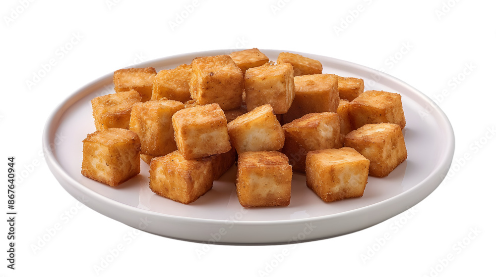 A plate of crispy tofu bites, showcasing the golden-brown texture on a transparent background A plate of crispy tofu bites, showcasing the golden-brown texture on a transparent background