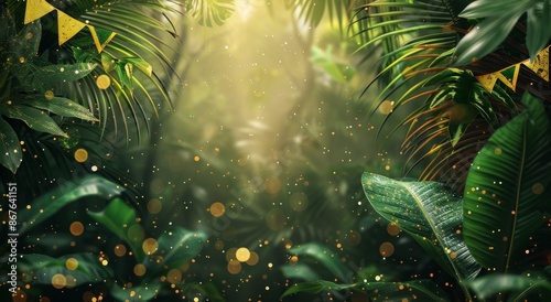 Fototapeta Naklejka Na Ścianę i Meble -  Festive String of Flags and Confetti Falling Through Palm Trees at Sunset