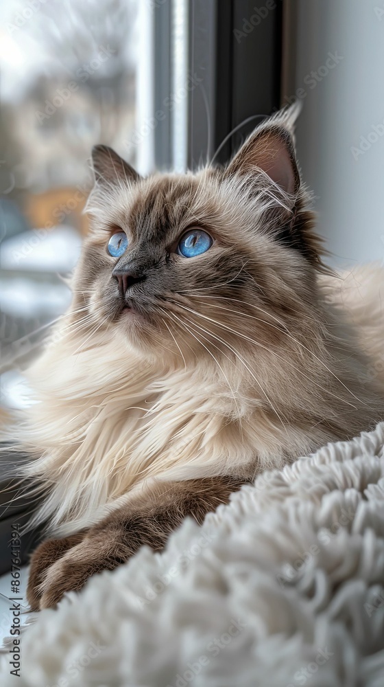 Fototapeta premium Blue-eyed Fluffy Cat Contemplating by Window