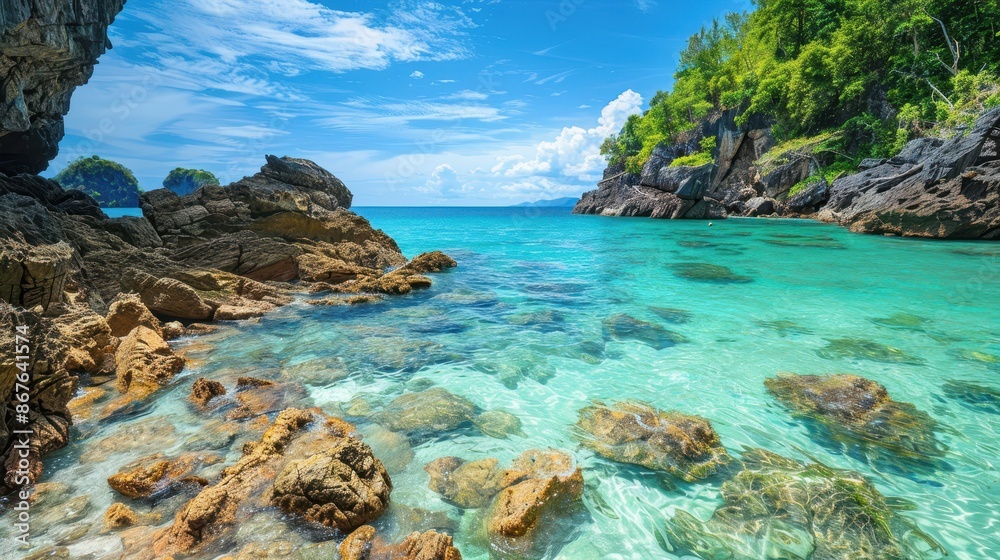 Fototapeta premium Serene Secluded Beach Cove: Turquoise Waters and Rocky Cliffs Paradisiacal Escape