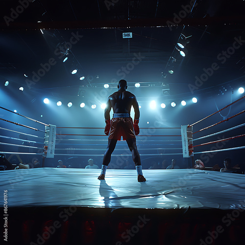 Boxer is standing on the boxing ring from back view 