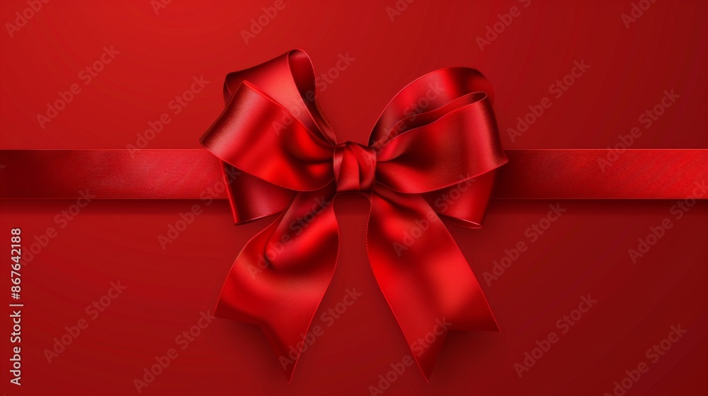 A red bow, neatly tied and placed centrally against a plain red background, highlighting the striking contrast and visual simplicity of the design.