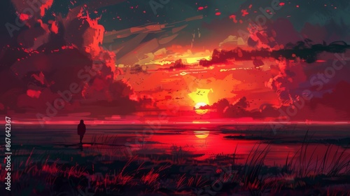 This atmospheric image depicts a solitary figure walking along a crimson shore at dusk, surrounded by dramatic clouds and reflecting waters, imbuing a mood of solitude and reflection.