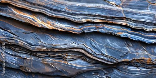 Metamorphic rocks unique folding patterns and color bands from pressure and heat. Concept Metamorphic rocks, Folding patterns, Color bands, Pressure and heat, Geological processes photo