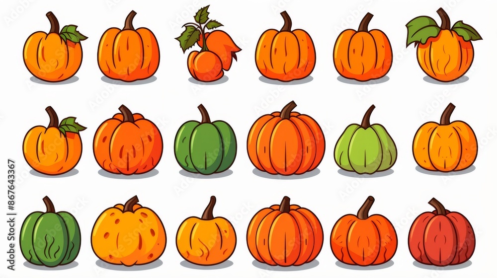 A diverse set of illustrated pumpkins showcasing different shapes and colors, including oranges, greens, and other hues, perfect for autumn and festive themes. A diverse set of illustrated pumpkins showcasing different shapes and colors, including oranges, greens, and other hues, perfect for autumn and festive themes.