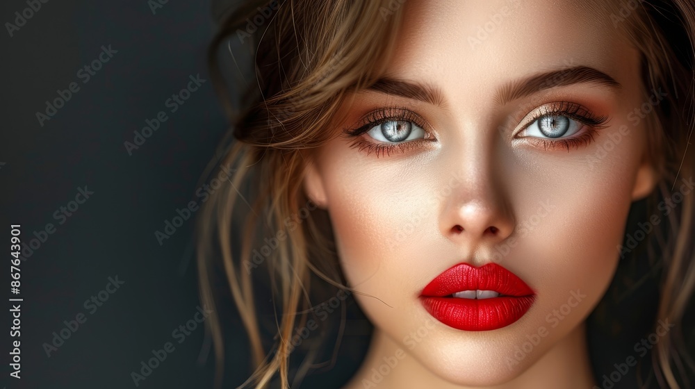 Portrait of a woman with flawless makeup, emphasizing beauty, her smooth skin, and striking lips, showcasing fashion and elegance. Portrait of a woman with flawless makeup, emphasizing beauty, her smooth skin, and striking lips, showcasing fashion and elegance.