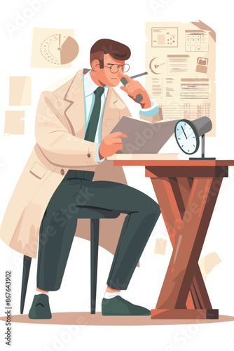 Detective Researcher Analyzing Data and Investigating Insights, Discovering Information with Curiosity and Magnifying Glass