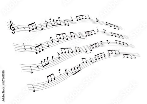 ウェーブ状の楽譜：五線譜に並ぶ音符の背景ベクターイラスト