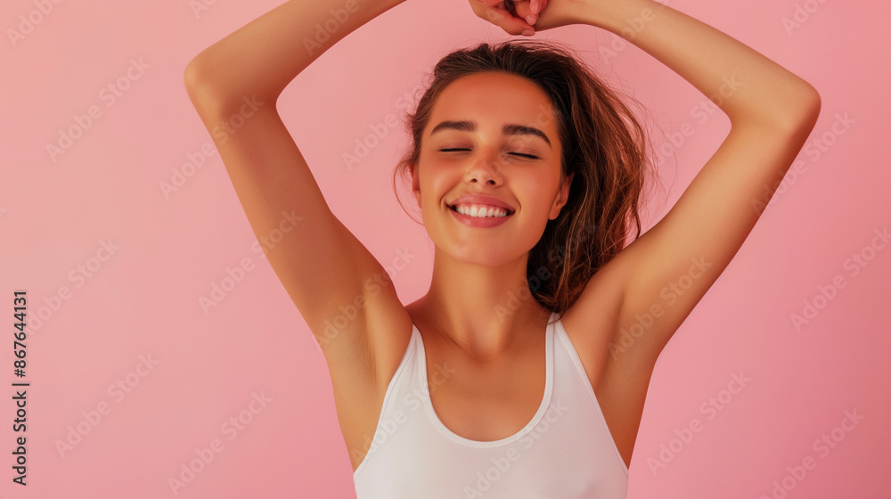 Laser hair removal for underarms, woman with hands raised, confident and happy, clean and smooth skin Laser hair removal for underarms, woman with hands raised, confident and happy, clean and smooth skin