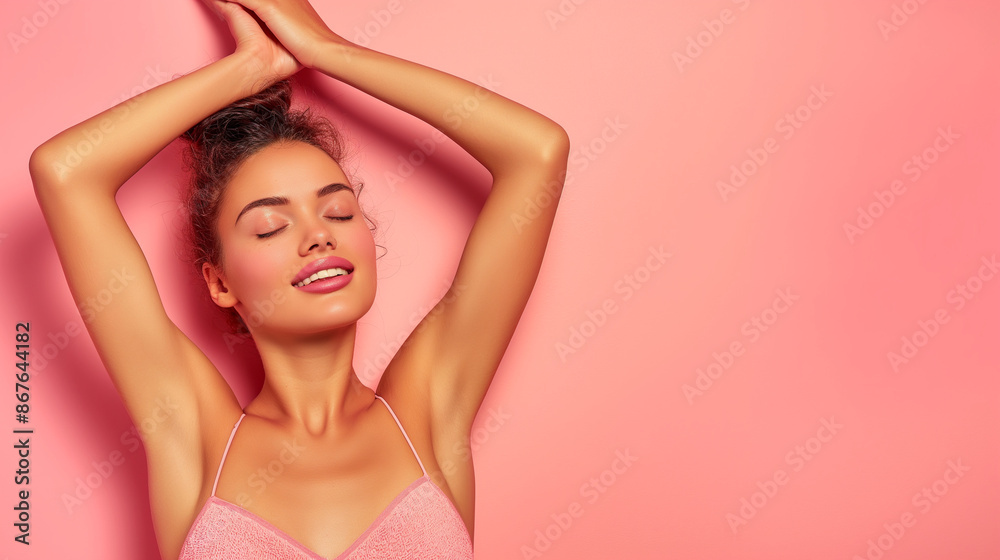 Laser hair removal for underarms, woman with hands raised, confident and happy, clean and smooth skin Laser hair removal for underarms, woman with hands raised, confident and happy, clean and smooth skin