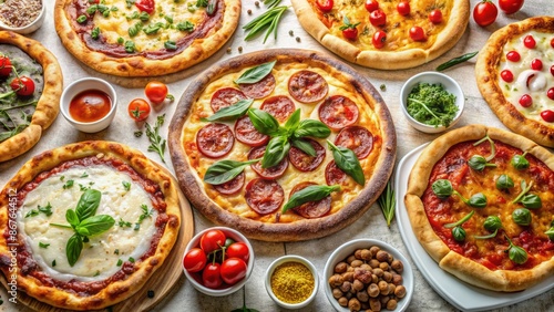 Assorted varieties of hot, fresh, savory, mouthwatering, cheesy, saucy, crusty pizzas arranged artfully on a clean, pure white surface. © DigitalArt Max