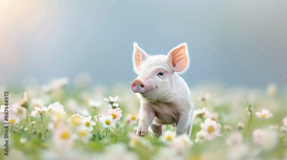 Adorable piglet standing in a field of white flowers during daylight, surrounded by greenery and nature's beauty. Adorable piglet standing in a field of white flowers during daylight, surrounded by greenery and nature's beauty.