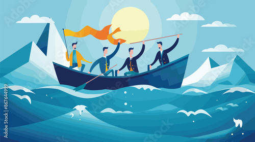 Business Leaders Navigating Team to Success, Sailing Ship with Boss Pointing Strategic Direction