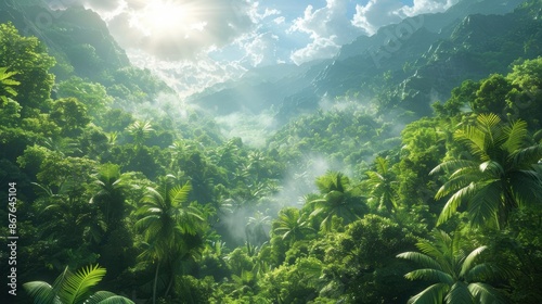 Lush tropical rainforest with sunlight filtering through clouds, showcasing dense foliage, mist, and mountain landscape in the background.