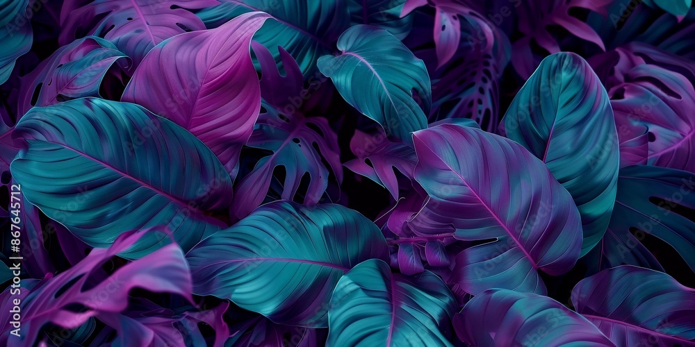 Vibrant tropical leaves in dark tones create a striking background with rich purples, greens, and blues.
Vibrant tropical leaves in dark tones create a striking background with rich purples, greens, and blues.