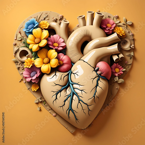 Heart Organ Blooming with Flowers on Solid Yellow Background photo