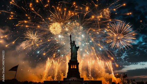 Celebration fireworks exploding behind the statue of Liberty. New year and 4th July celebrations