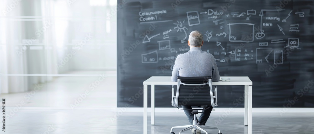 Businessman sitting at desk analyzing complex business strategy on blackboard in modern office. Concept of planning and problem-solving. Businessman sitting at desk analyzing complex business strategy on blackboard in modern office. Concept of planning and problem-solving.