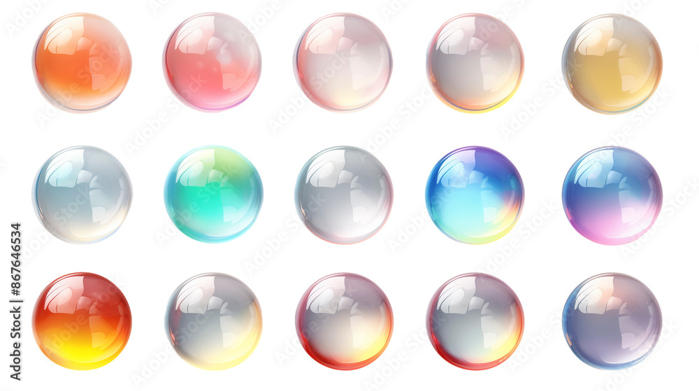 Fifteen Shiny Glass Spheres With Colorful Gradient Reflections on White Background Fifteen Shiny Glass Spheres With Colorful Gradient Reflections on White Background