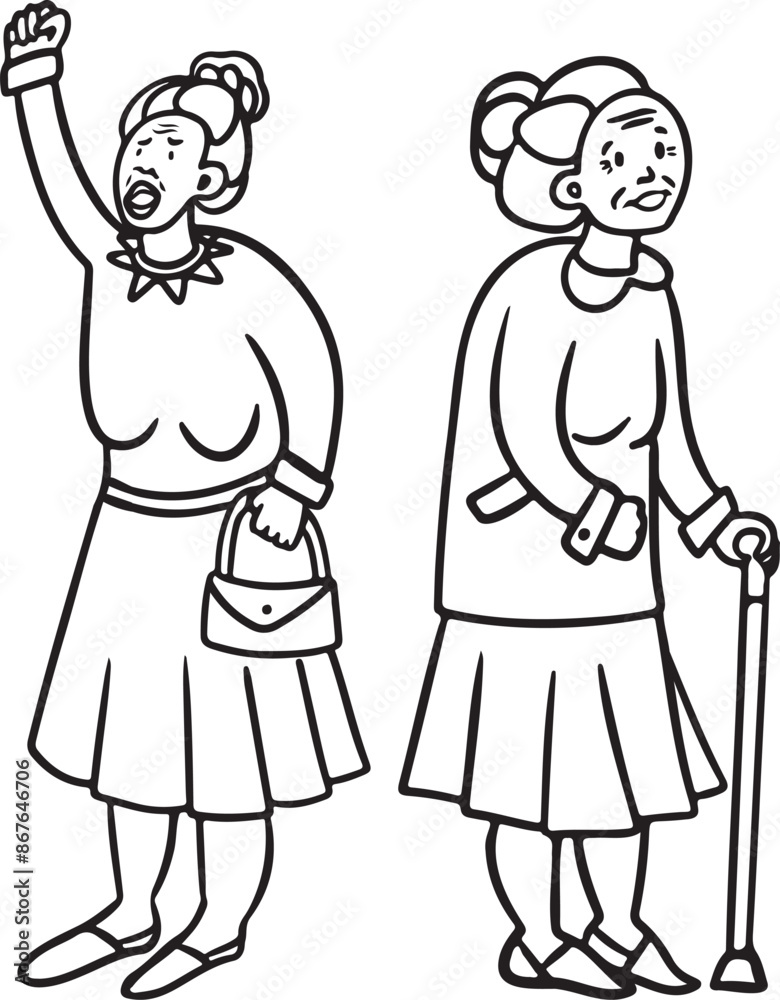 Kind and angry grandmothers line drawing characters isolated on white background. Kind and angry grandmothers line drawing characters isolated on white background.