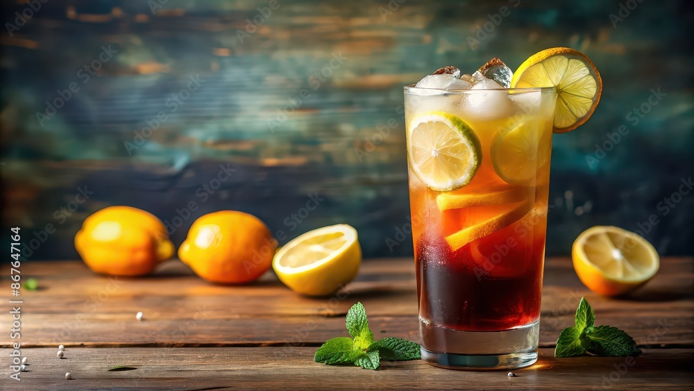Close up of a refreshing Long Island Iced Tea with colorful layers of alcohol and lemon garnish, cocktail Close up of a refreshing Long Island Iced Tea with colorful layers of alcohol and lemon garnish, cocktail